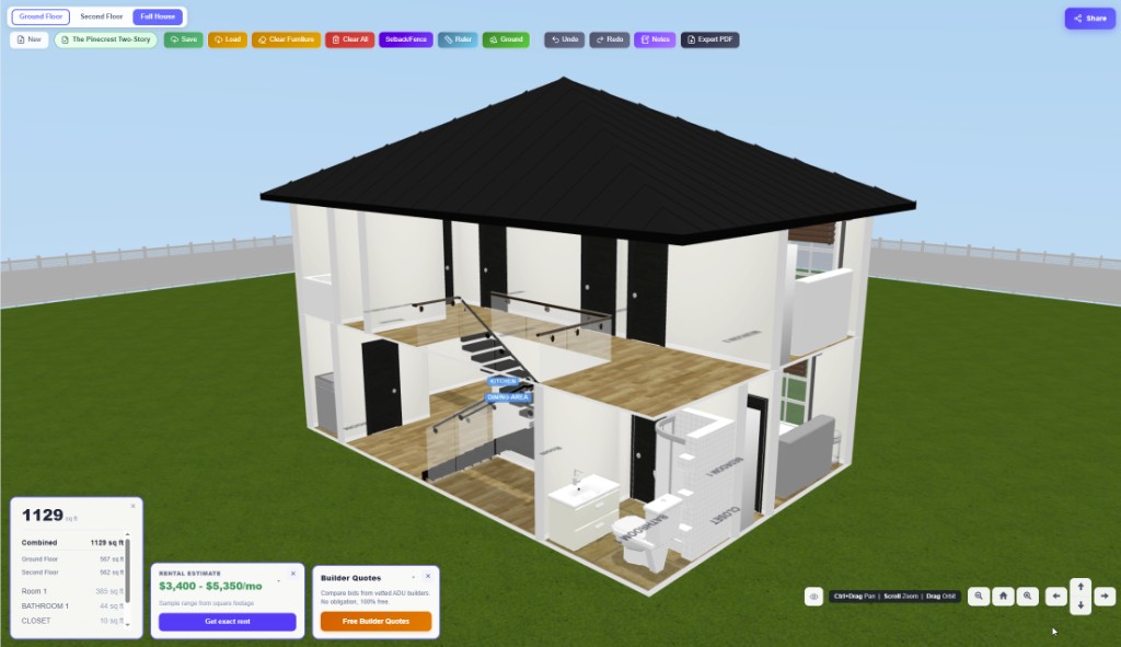 ADU Metrics 3D floor plan and rental estimate interface
