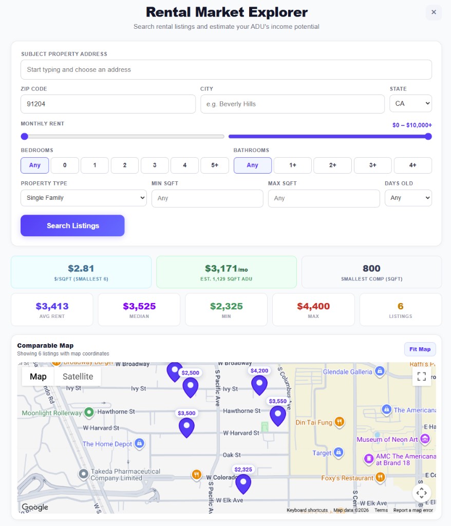 ADU Metrics rental market explorer with rent comparison map