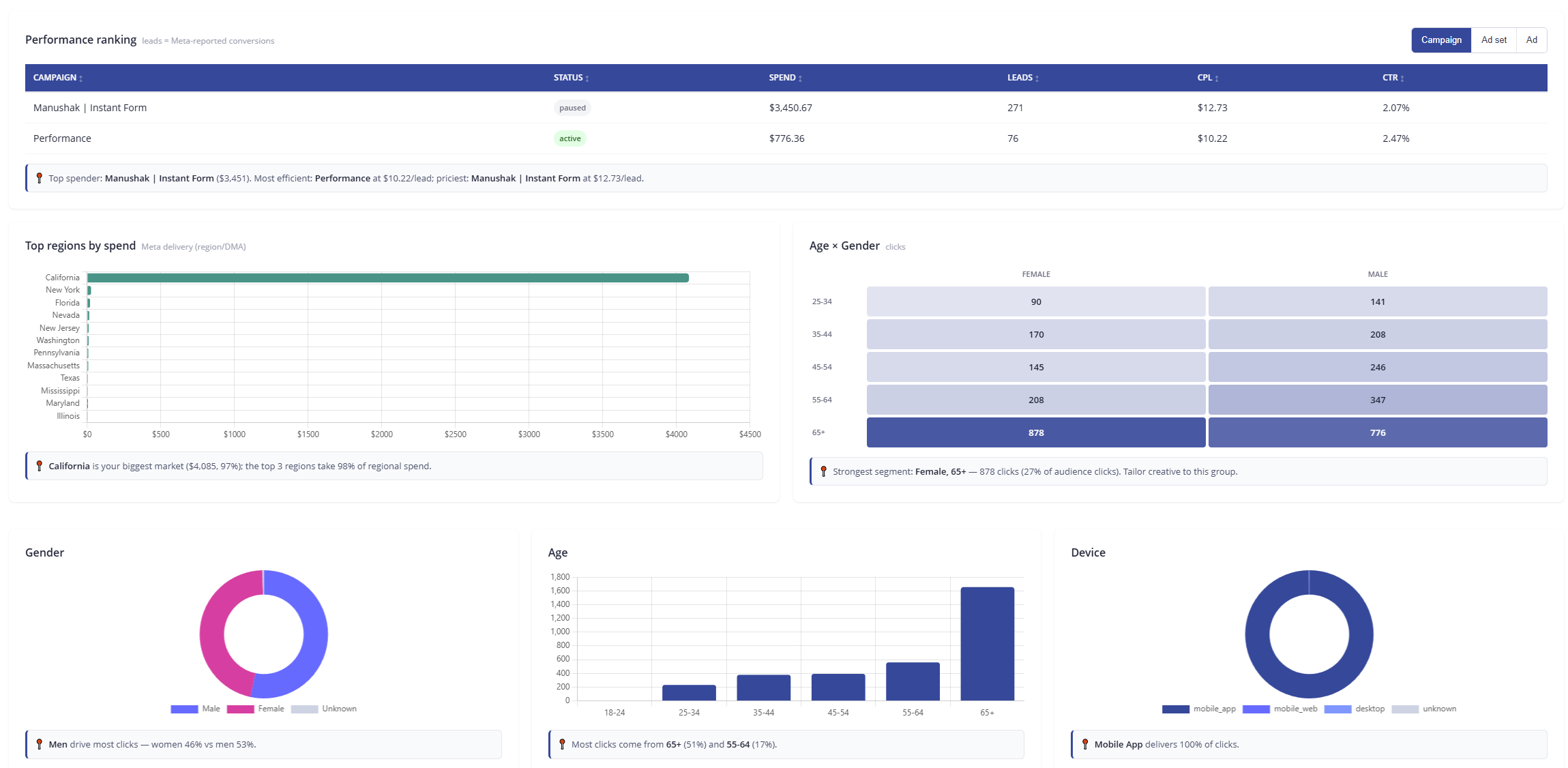Audience, region, age, gender and device breakdowns with AI insights
