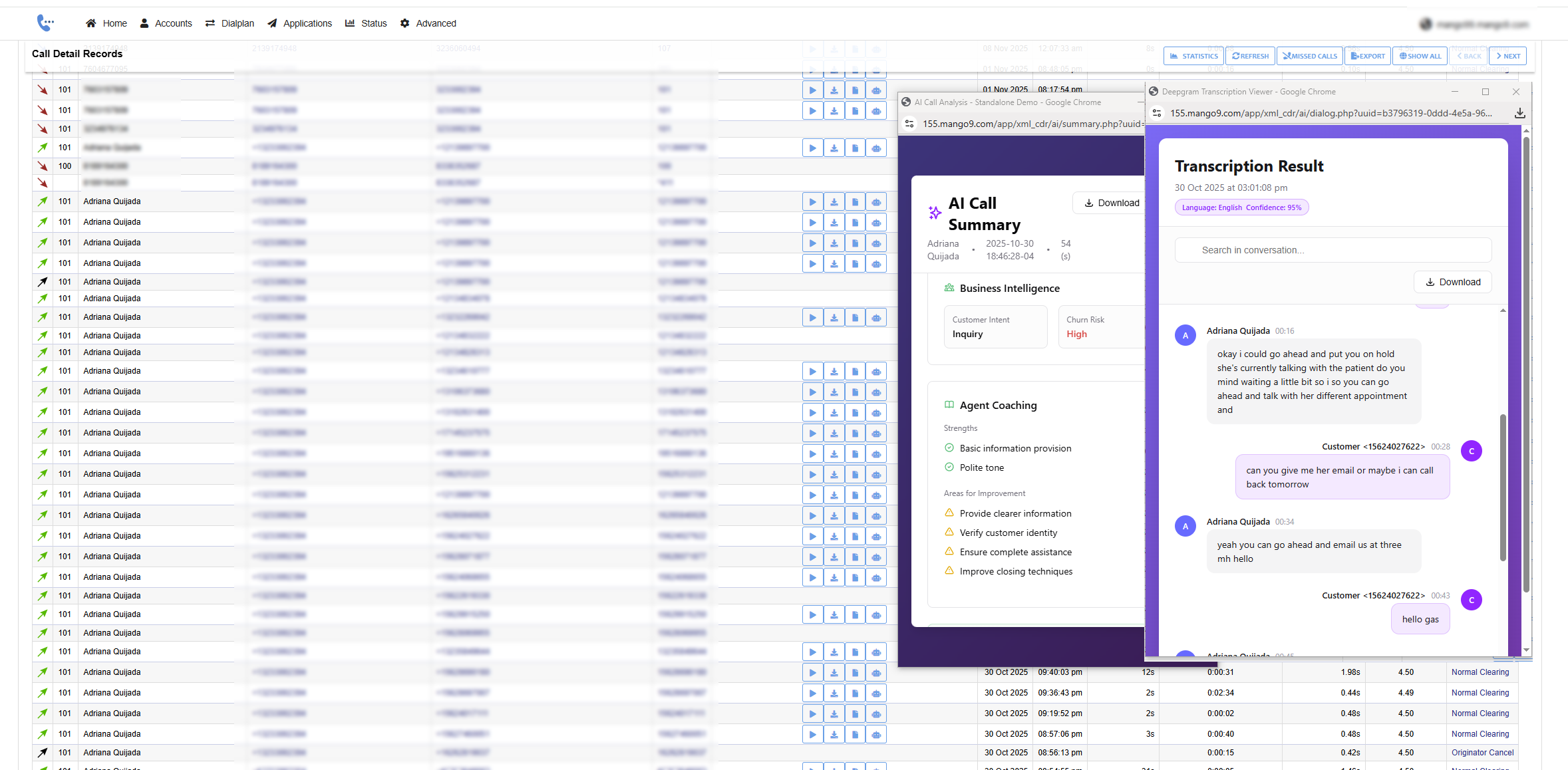AI Call Analysis Dashboard showing transcripts and business intelligence