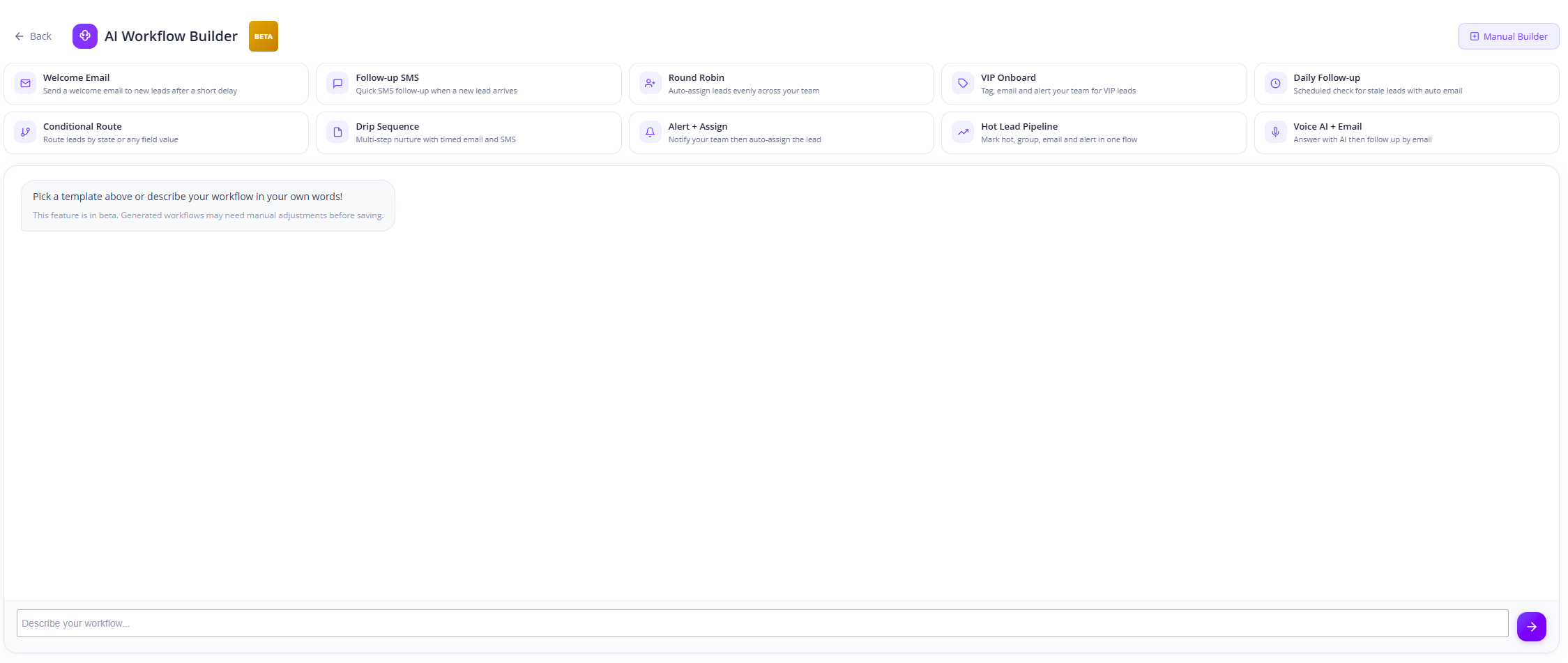 Mango9 AI Workflow Builder with prebuilt templates and a describe-your-workflow chat input