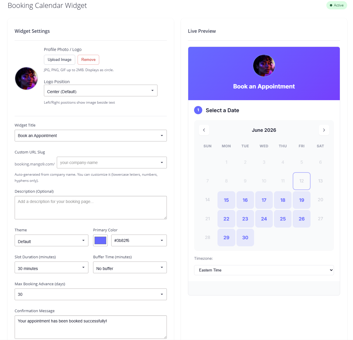 Mango9 booking calendar widget builder interface