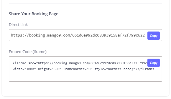 Share your booking page with a direct link and an embeddable iframe code snippet