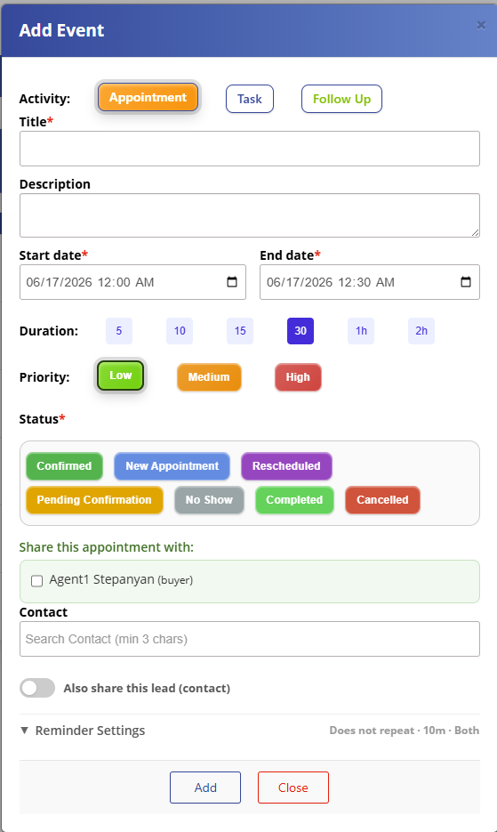 Mango9 Calendar Add Event interface