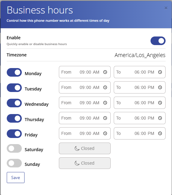 Mango9 Calendar business hours configuration by day and timezone