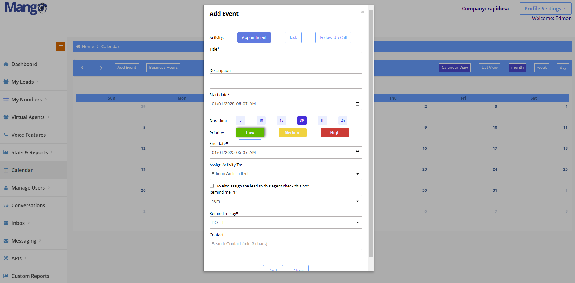 Calendar and appointment scheduling interface