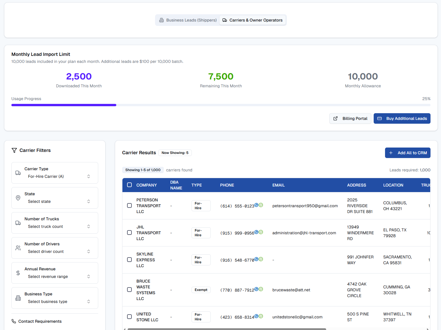 Carrier Search Interface