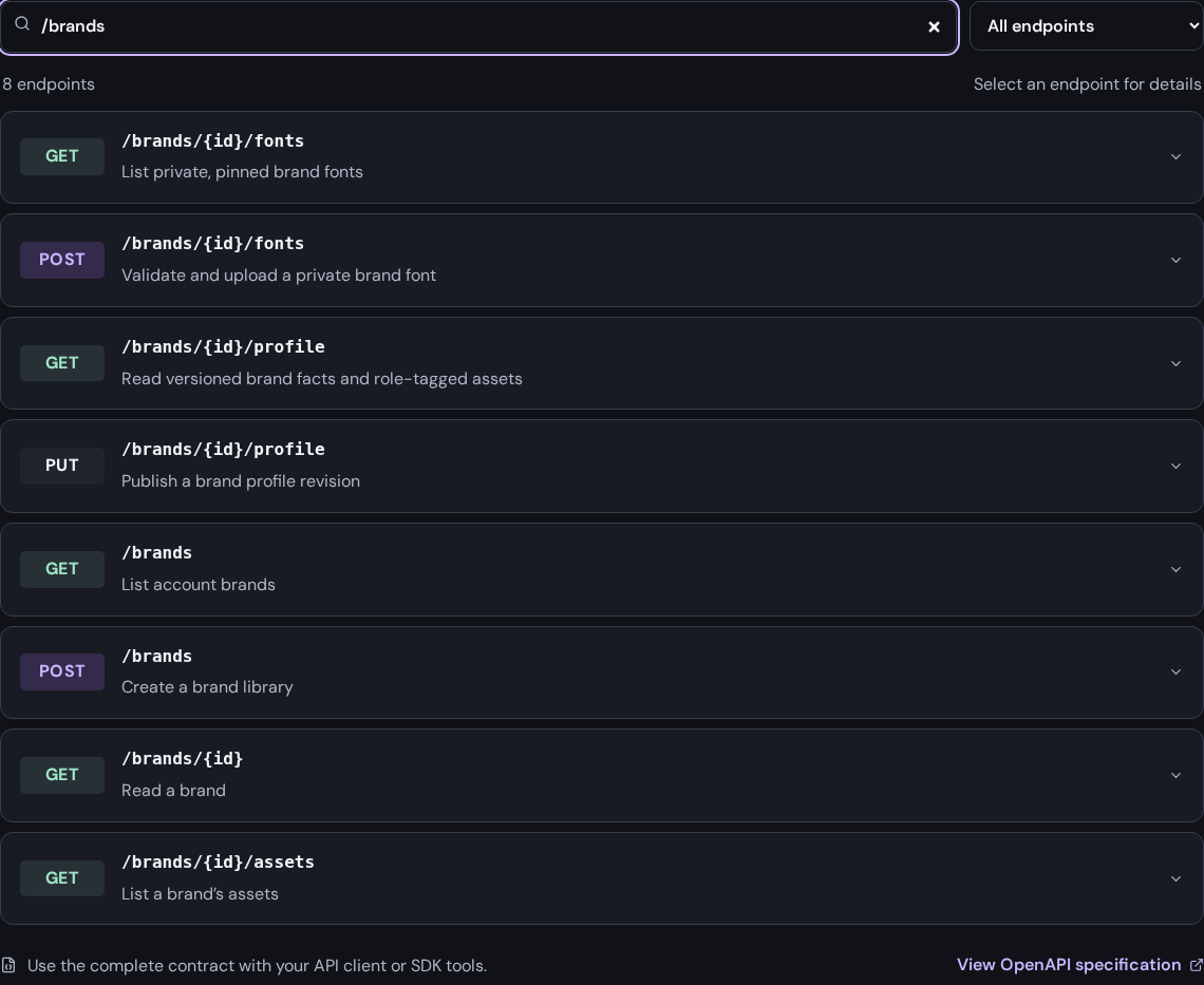 Search /brands in the endpoint reference to find the brand library operations and their request details.