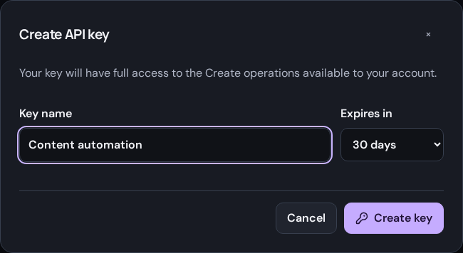 Name the integration and choose an expiration before creating the key.