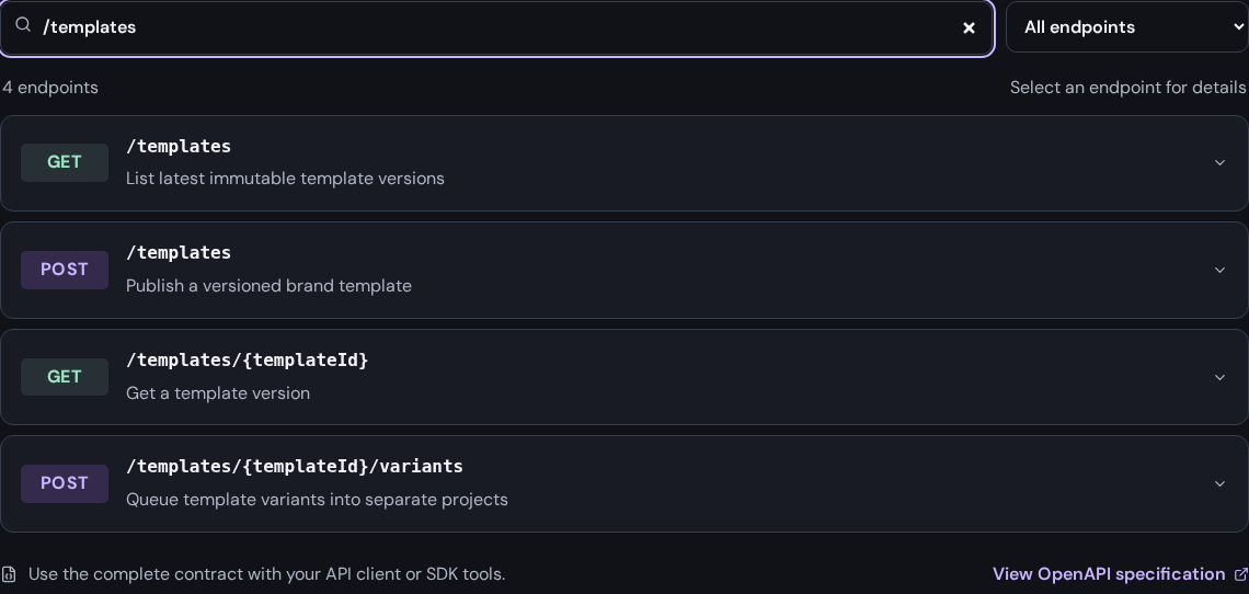 Expand the template operation to inspect its version, slots, editor commands, and request schema.