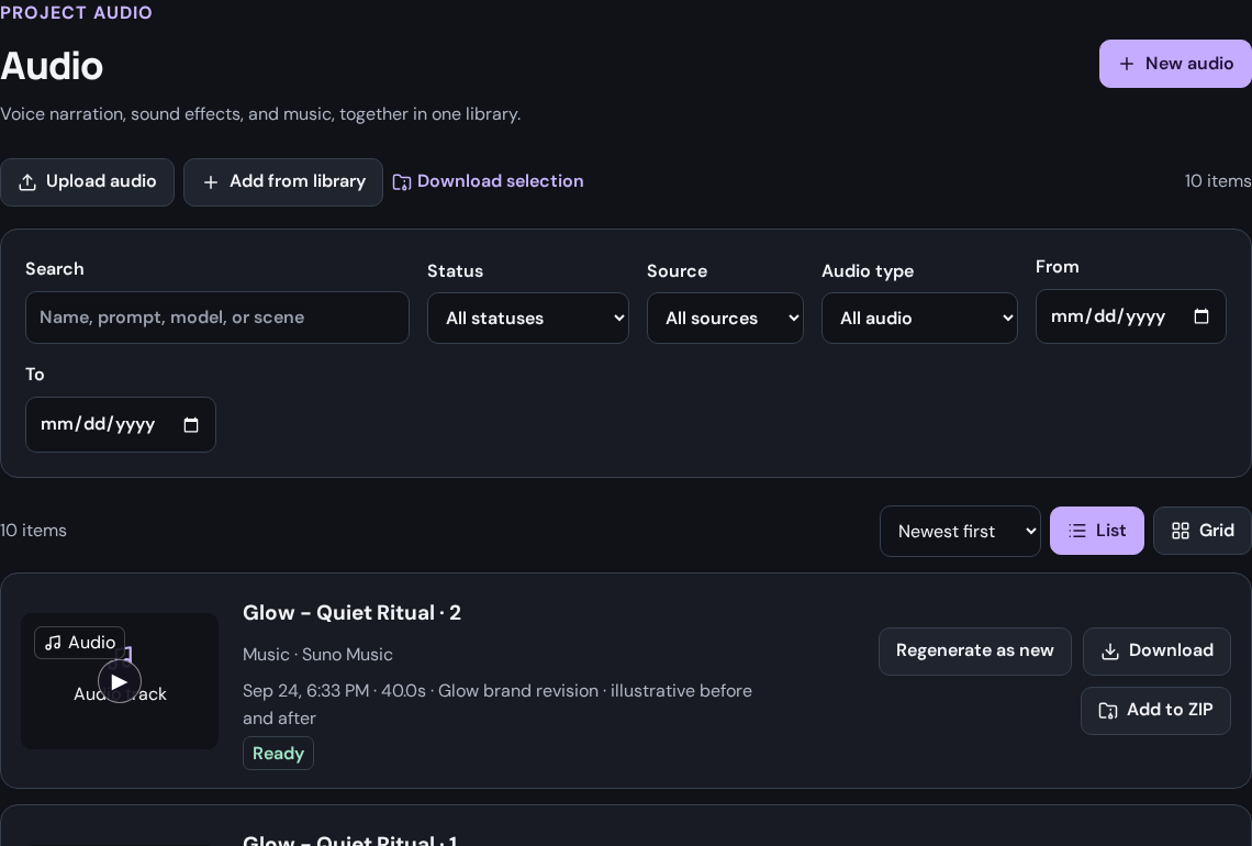 Audio-type and status filters help locate finished narration, music, effects, and uploads.