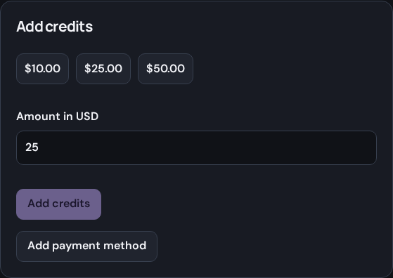 Choose an amount under Add credits and review the payment before confirming it.