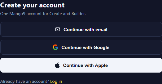 Choose an account method. Existing customers use Log in at the bottom of this screen.