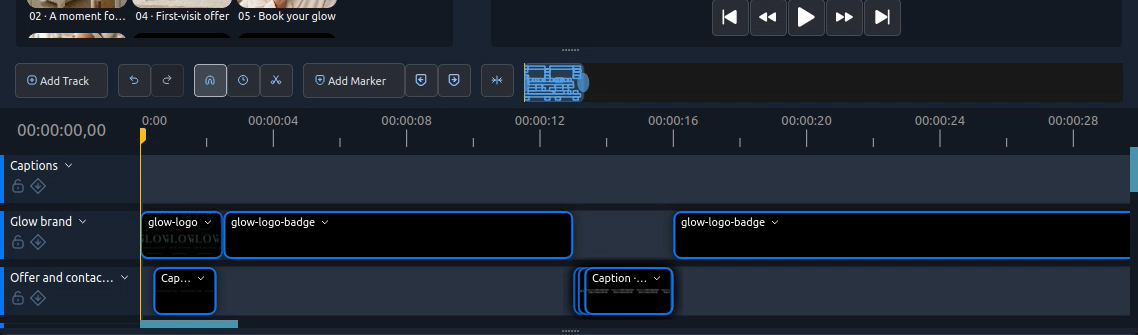 Use the tracks and playhead to check clip placement, duration, and how the layers line up.