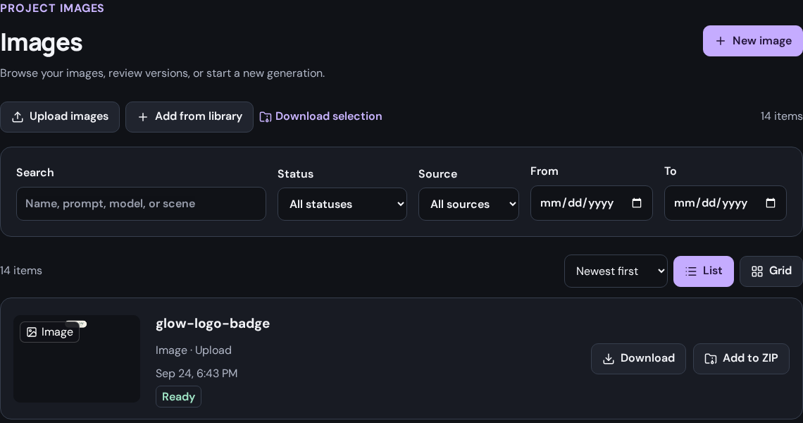Use the library to find results and start new generations. Status and Source filters narrow the list.