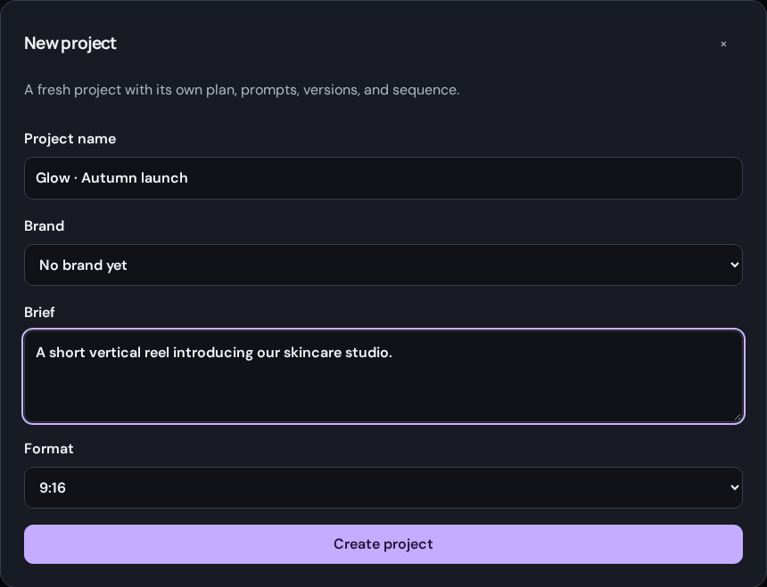 Set the project name, optional brand and brief, and format before selecting Create project.
