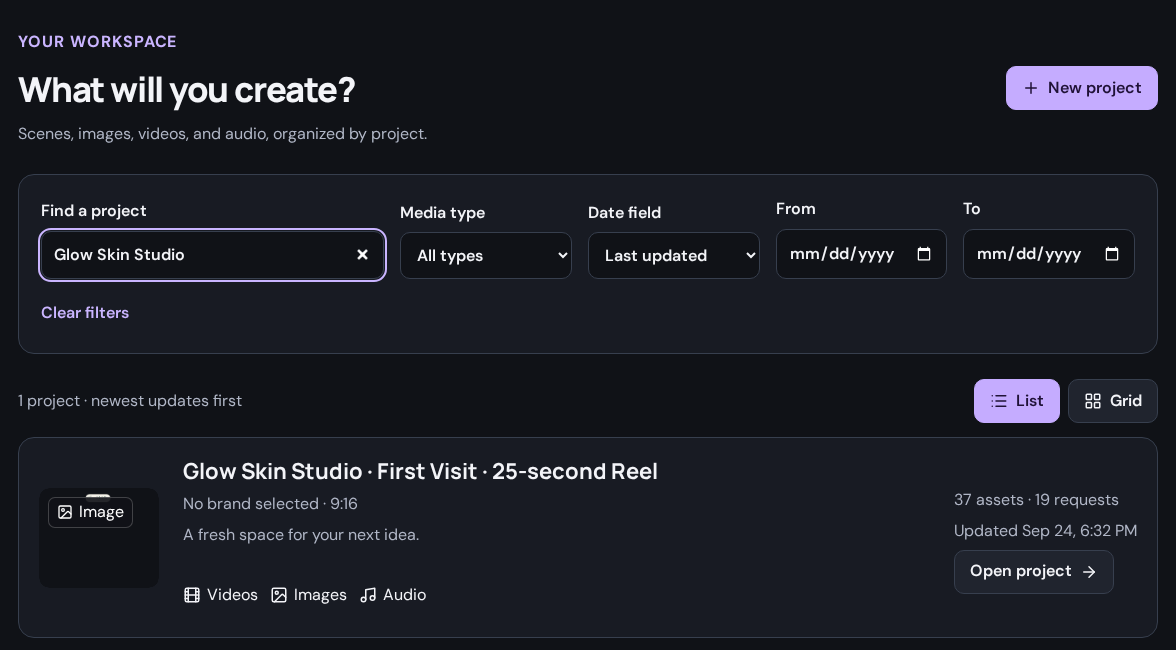 Use New project to begin, or search and open an existing project from this workspace.