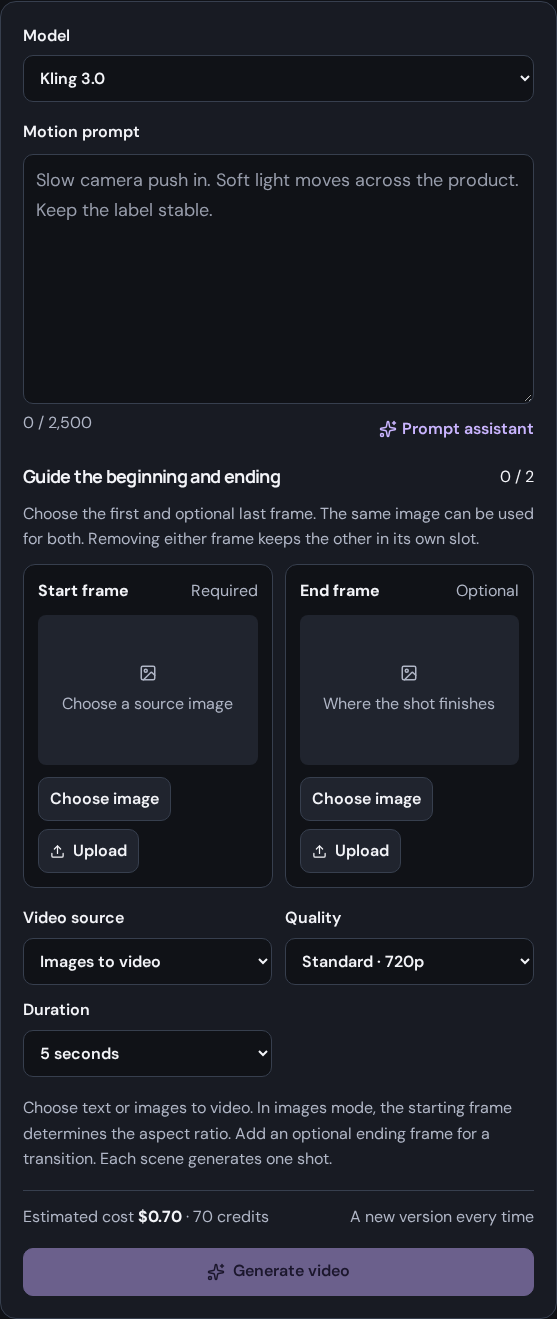 Review the selected video model, references, motion prompt, duration, and estimate before submitting.