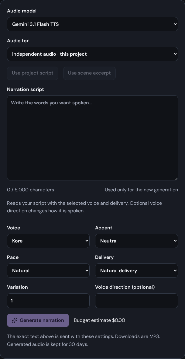 Narration combines the audio model, scene assignment, script, voice settings, and estimated cost.