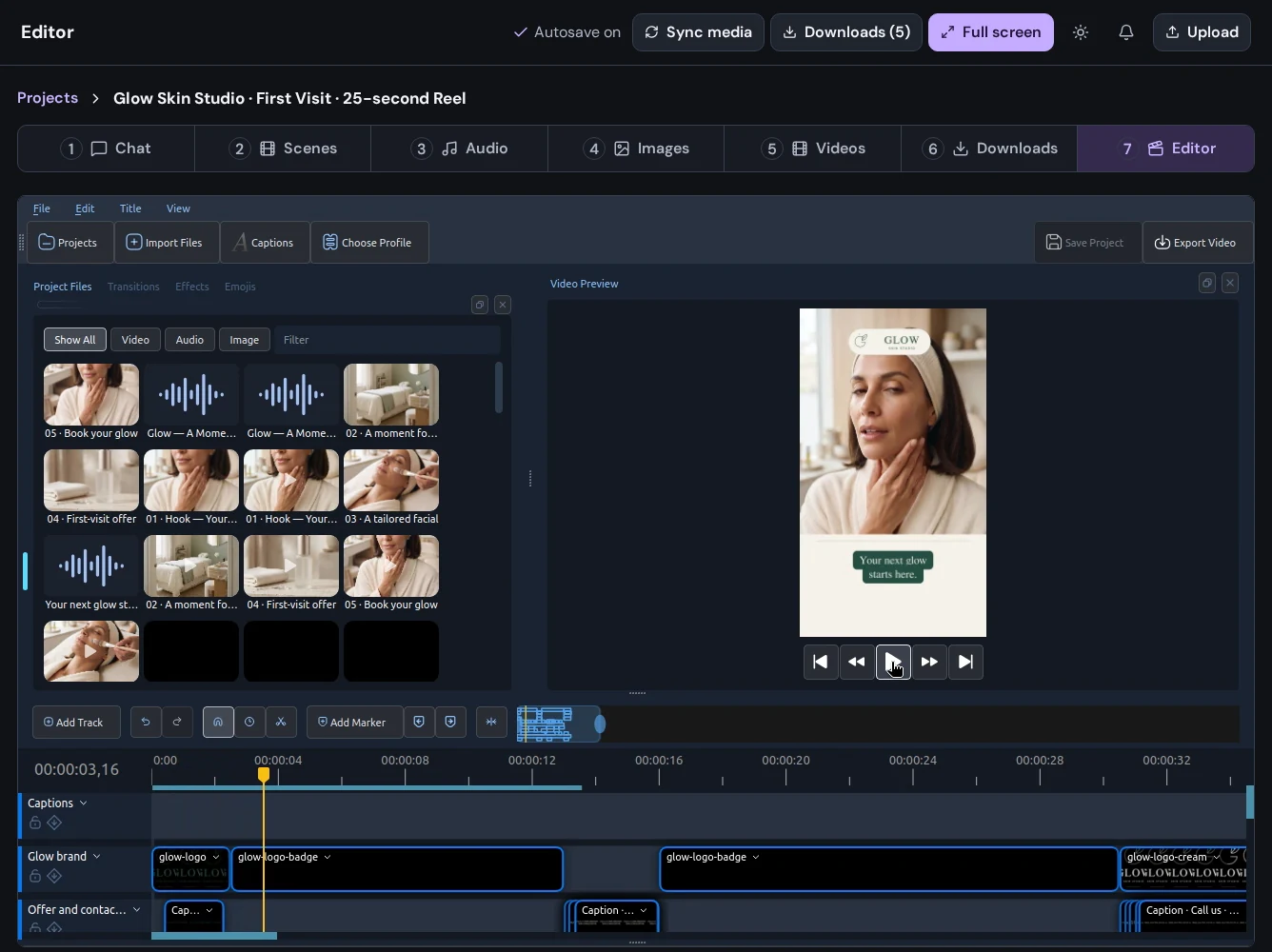 The Glow reel in Create's editing workspace