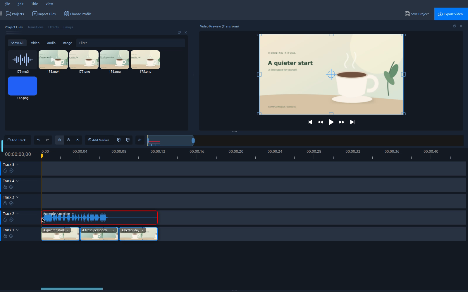 Create editor with project media, video preview, narration, and an editing timeline