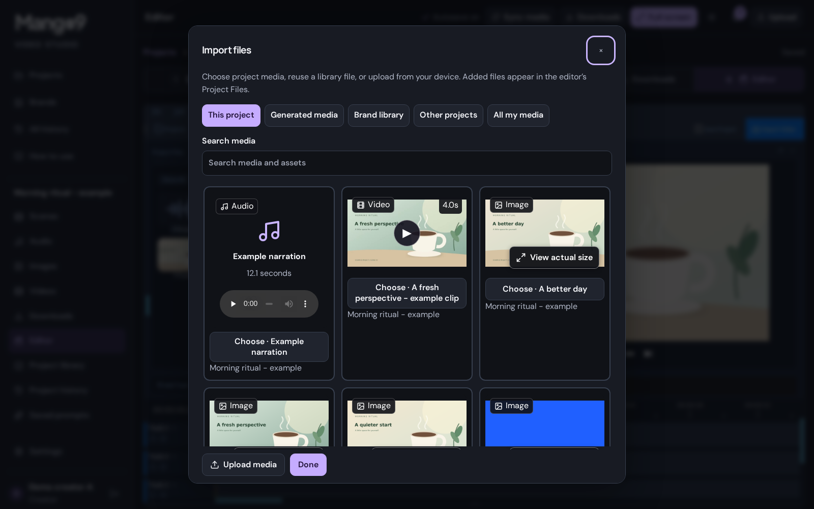 Import project media, brand assets, or other files you can access into the editor.