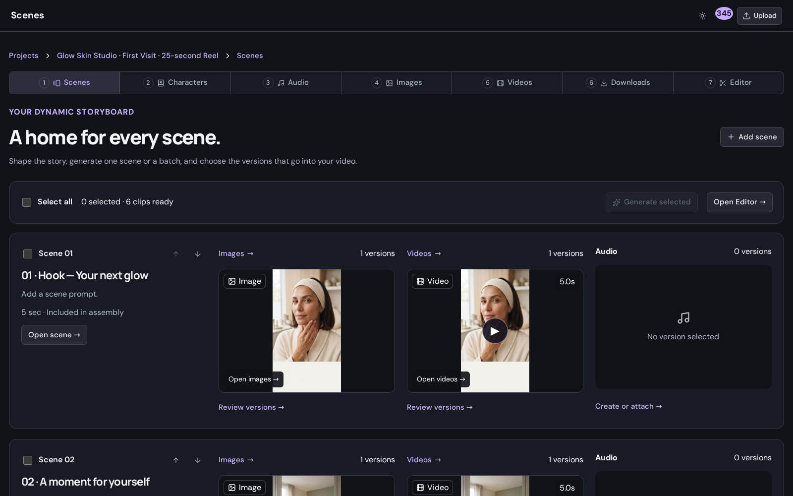 Scenes with separate image, video, and audio selections