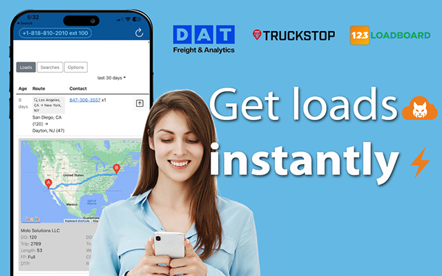 Professional dispatcher with headset using freight tracking app to get loads instantly