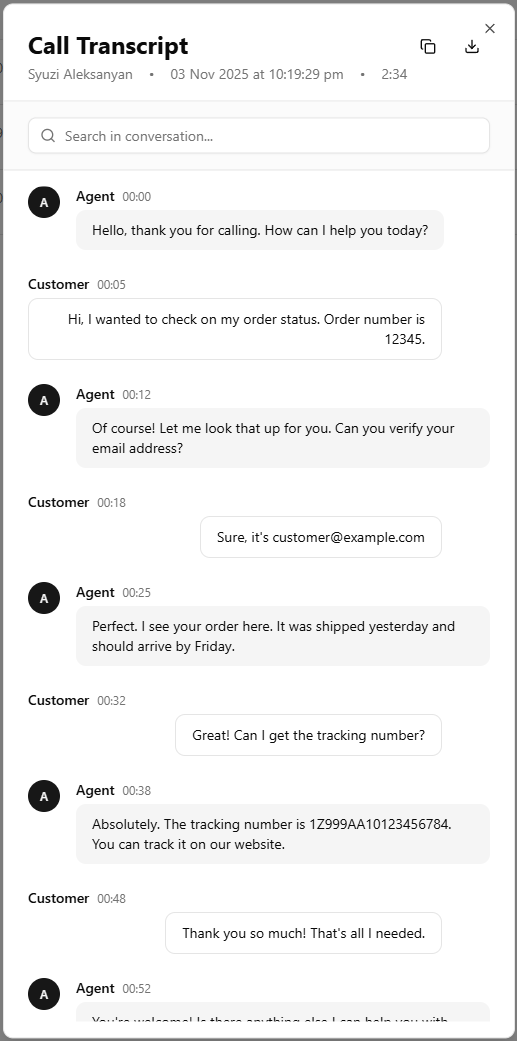 Call transcript interface showing timestamped conversation between agent and customer with searchable dialogue