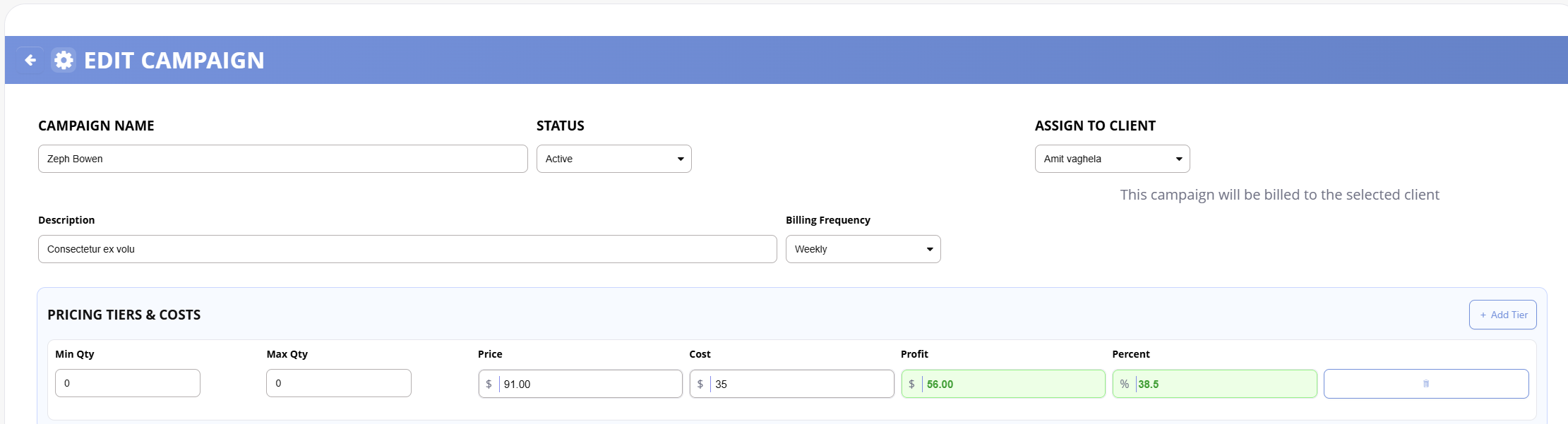 Campaign pricing editor showing pricing tiers, costs, and profit calculations