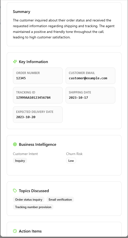 Call summary showing key information extraction, business intelligence with customer intent and churn risk, topics discussed, and action items