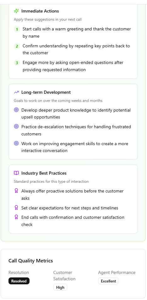AI coaching interface showing immediate actions, long-term development goals, industry best practices, and call quality metrics