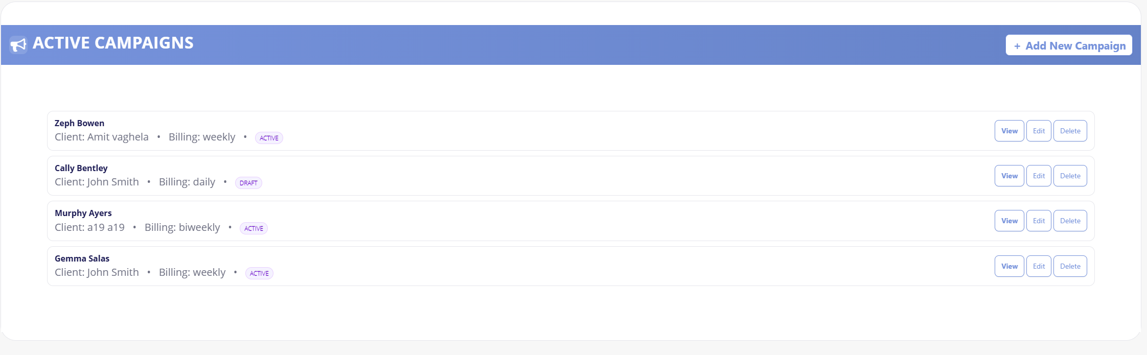 Active Campaigns Dashboard showing campaign management with billing frequencies