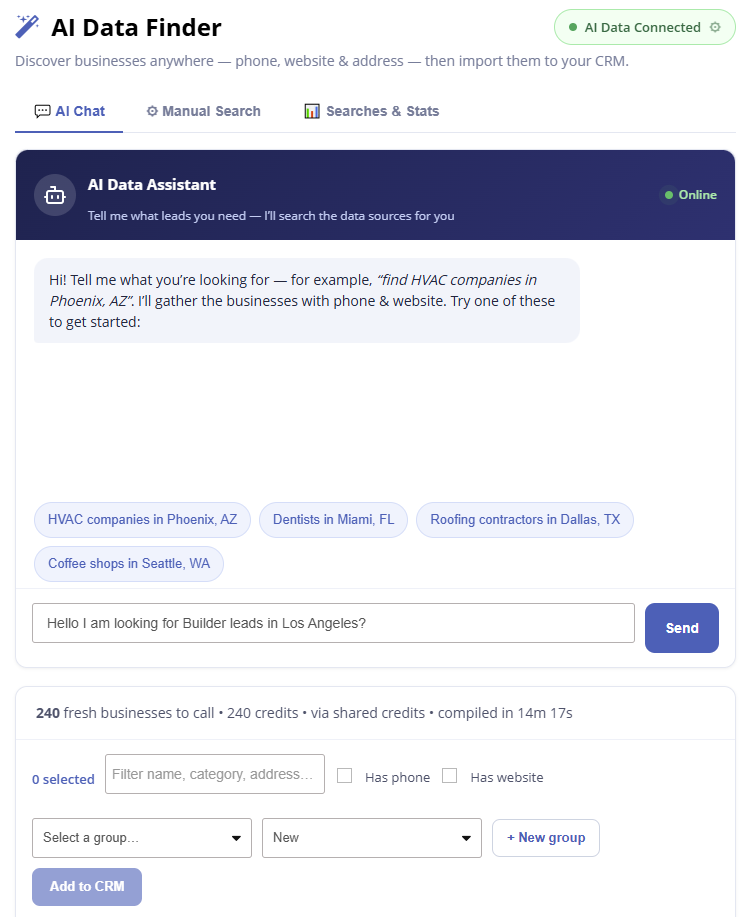 Mango9 AI Lead Finder chat assistant interface
