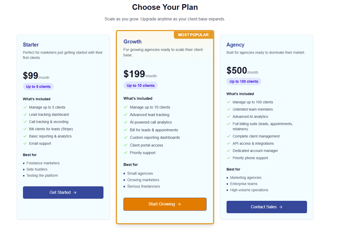 Choose your plan - Starter $99, Growth $199, Agency $500