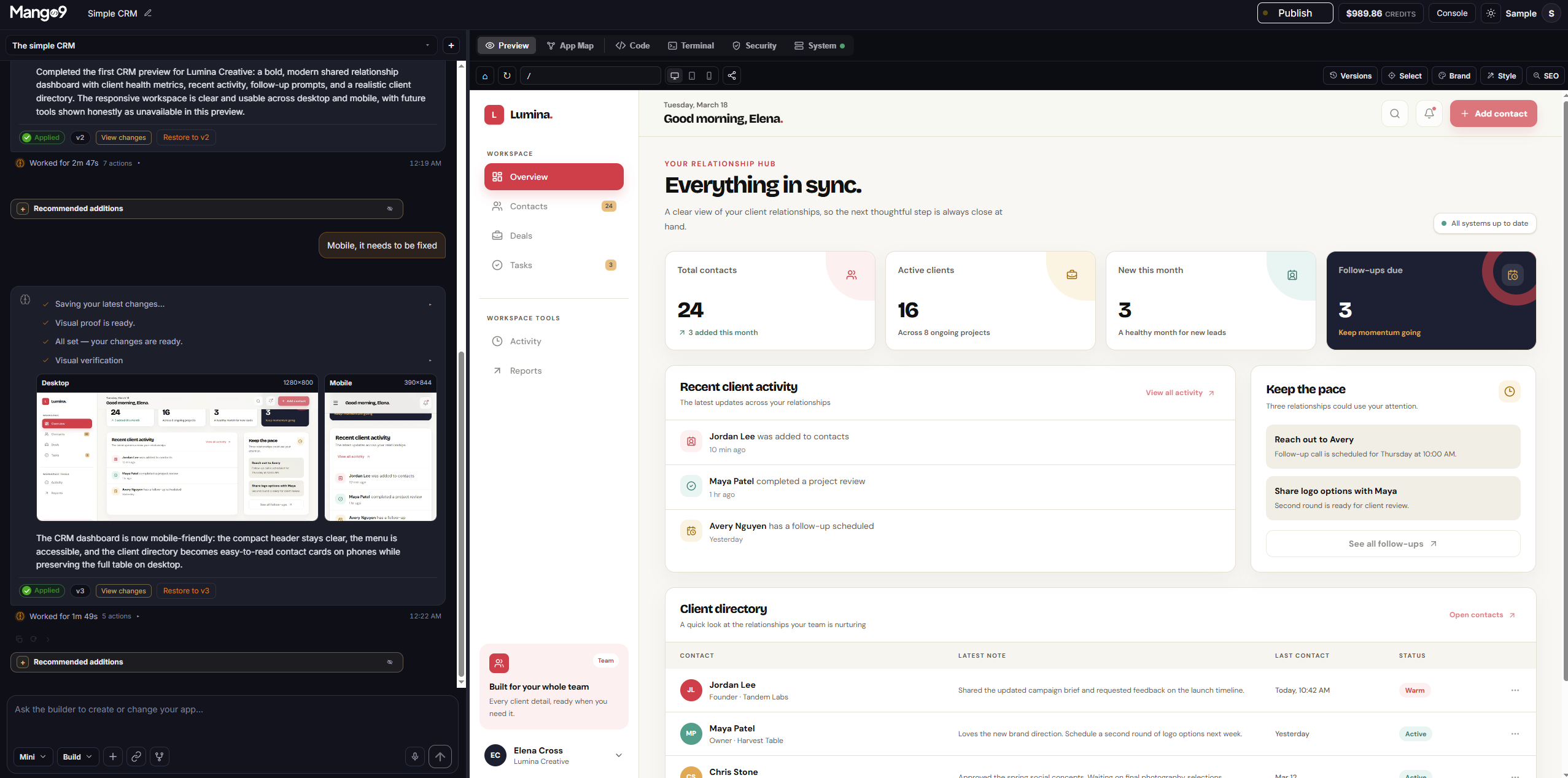 Agent 16 building and previewing a responsive customer relationship management application in Mango9