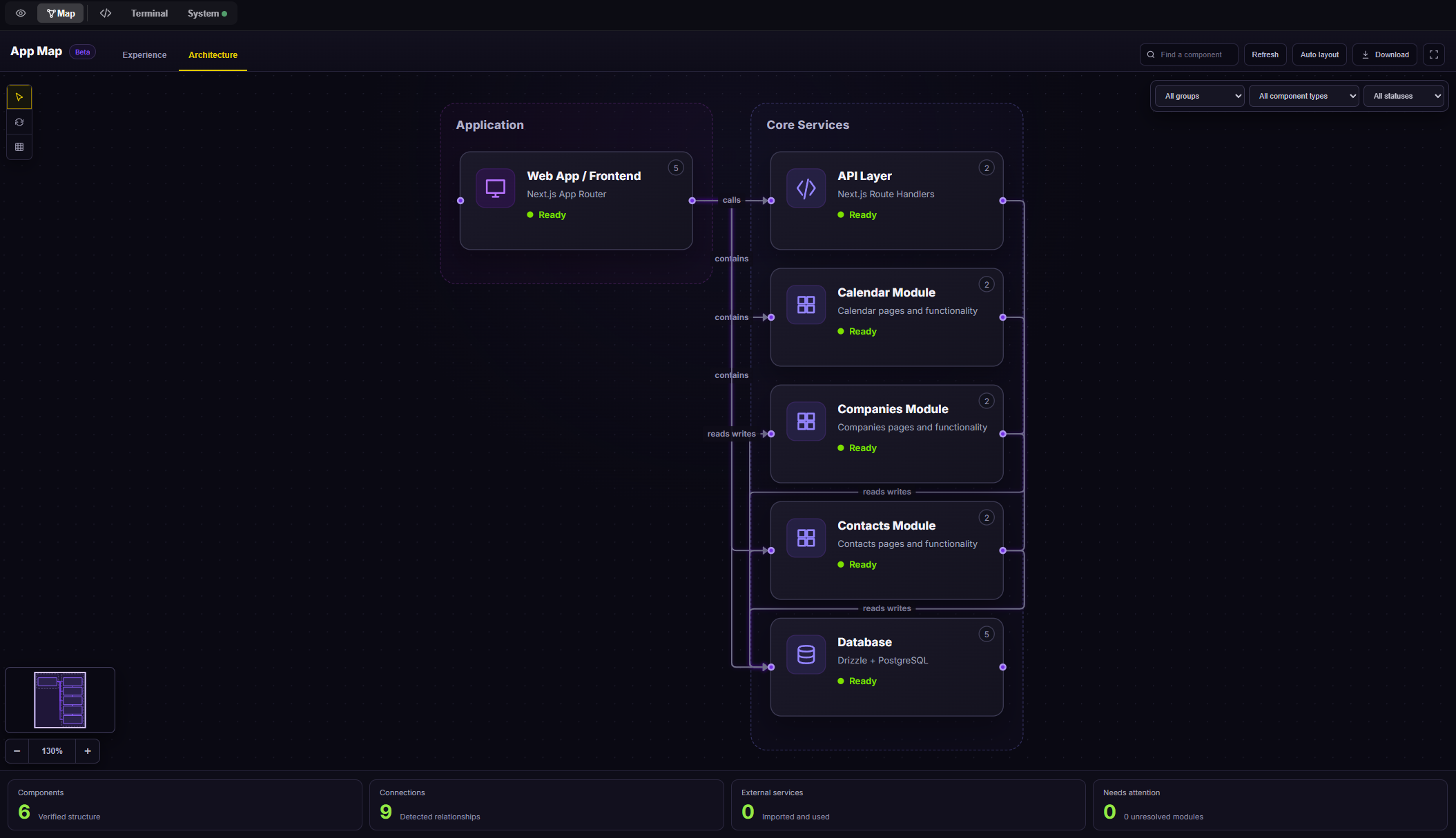 Agent 16 App Map showing the automatically generated system architecture with application and core service modules