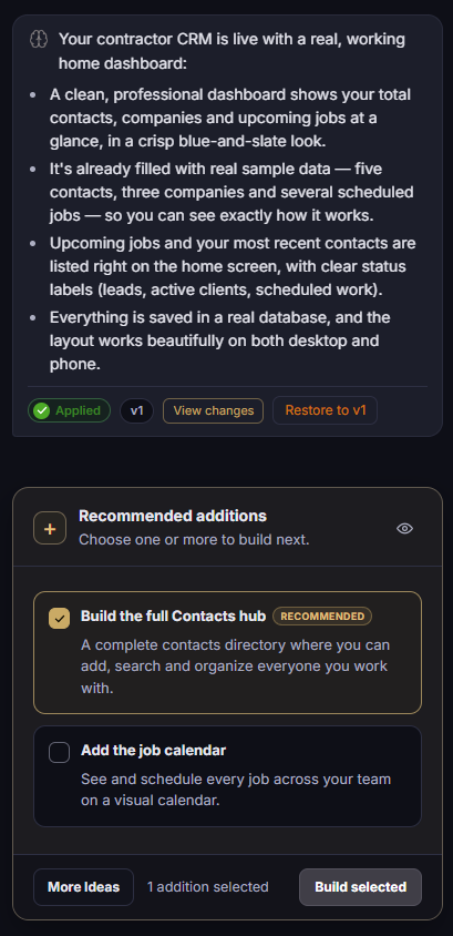 Assisted build panel showing an applied change summary, version history, and recommended next additions to build