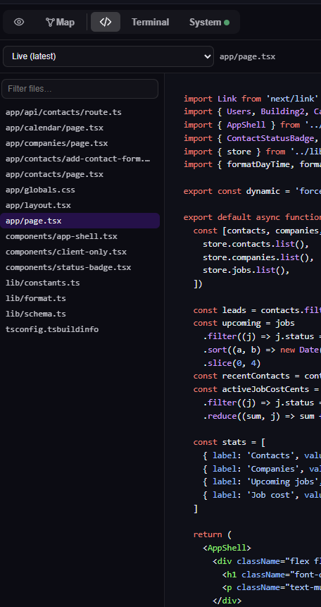 Built-in code viewer showing the file tree and syntax-highlighted source with preview, download, and export to GitHub controls