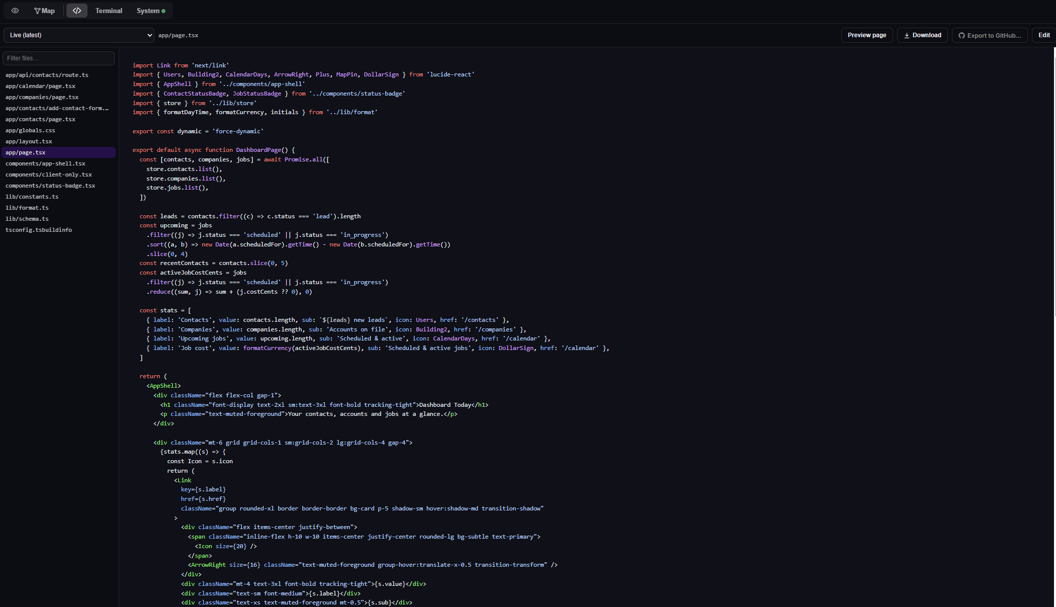 Built-in code viewer showing the file tree and syntax-highlighted source with preview, download, and export to GitHub controls