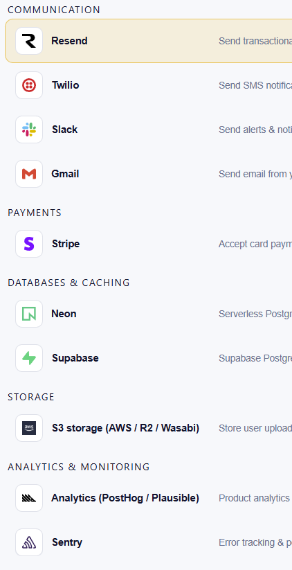 Integrations vault listing 20 integrations across communication, payments, databases, storage, analytics, and AI