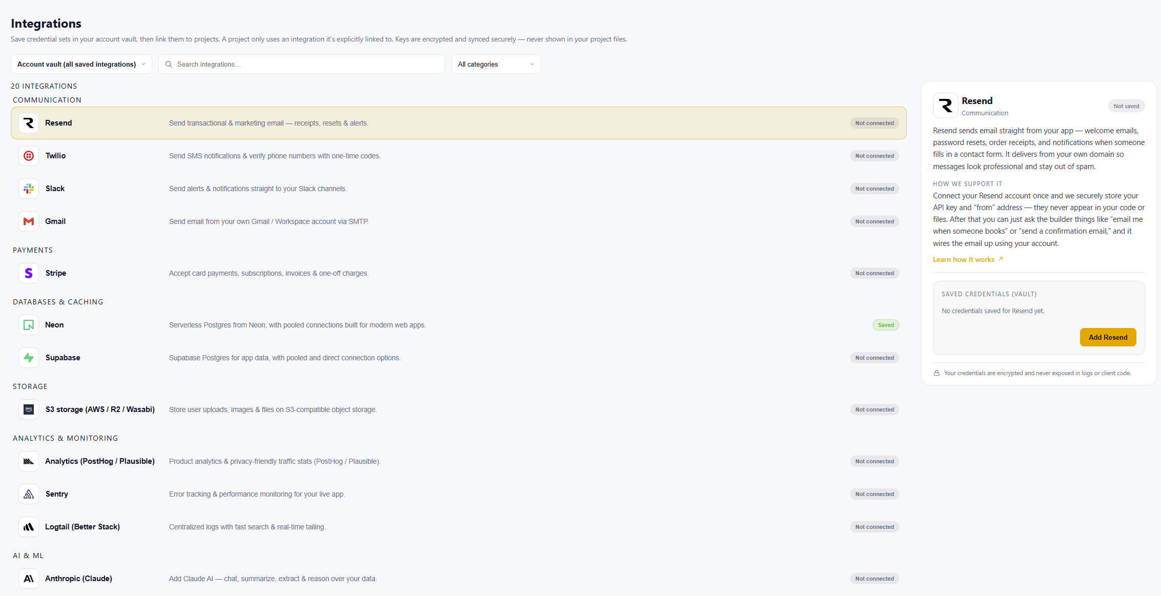 Integrations vault listing 20 integrations across communication, payments, databases, storage, analytics, and AI