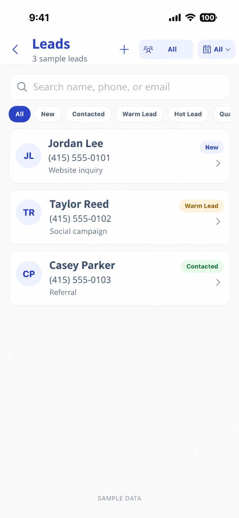 Sample mobile lead list with fictional contacts and lead statuses