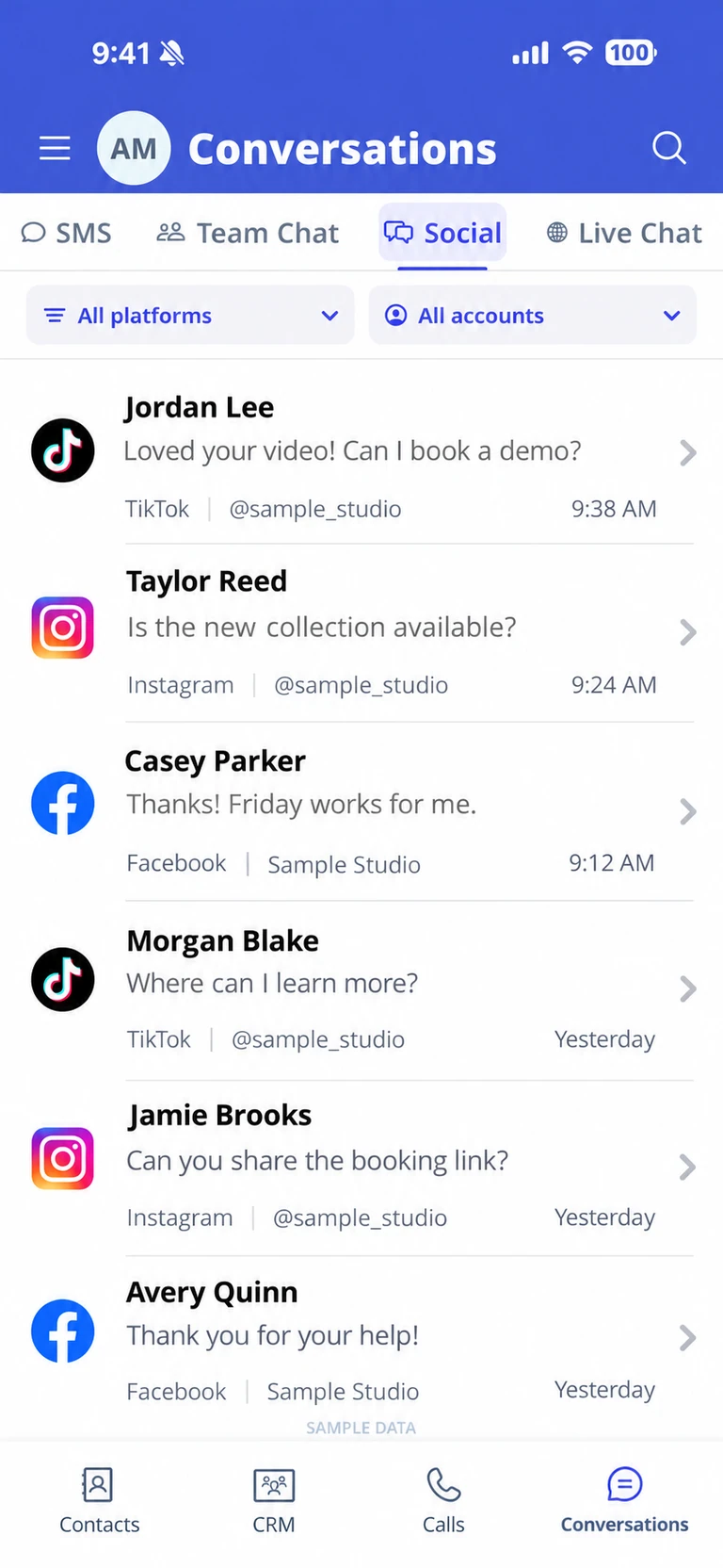 Sample social inbox with fictional TikTok, Instagram and Facebook conversations