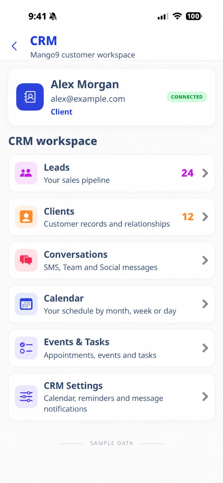 Sample Mango9 mobile CRM workspace with leads, clients, conversations, calendar and tasks