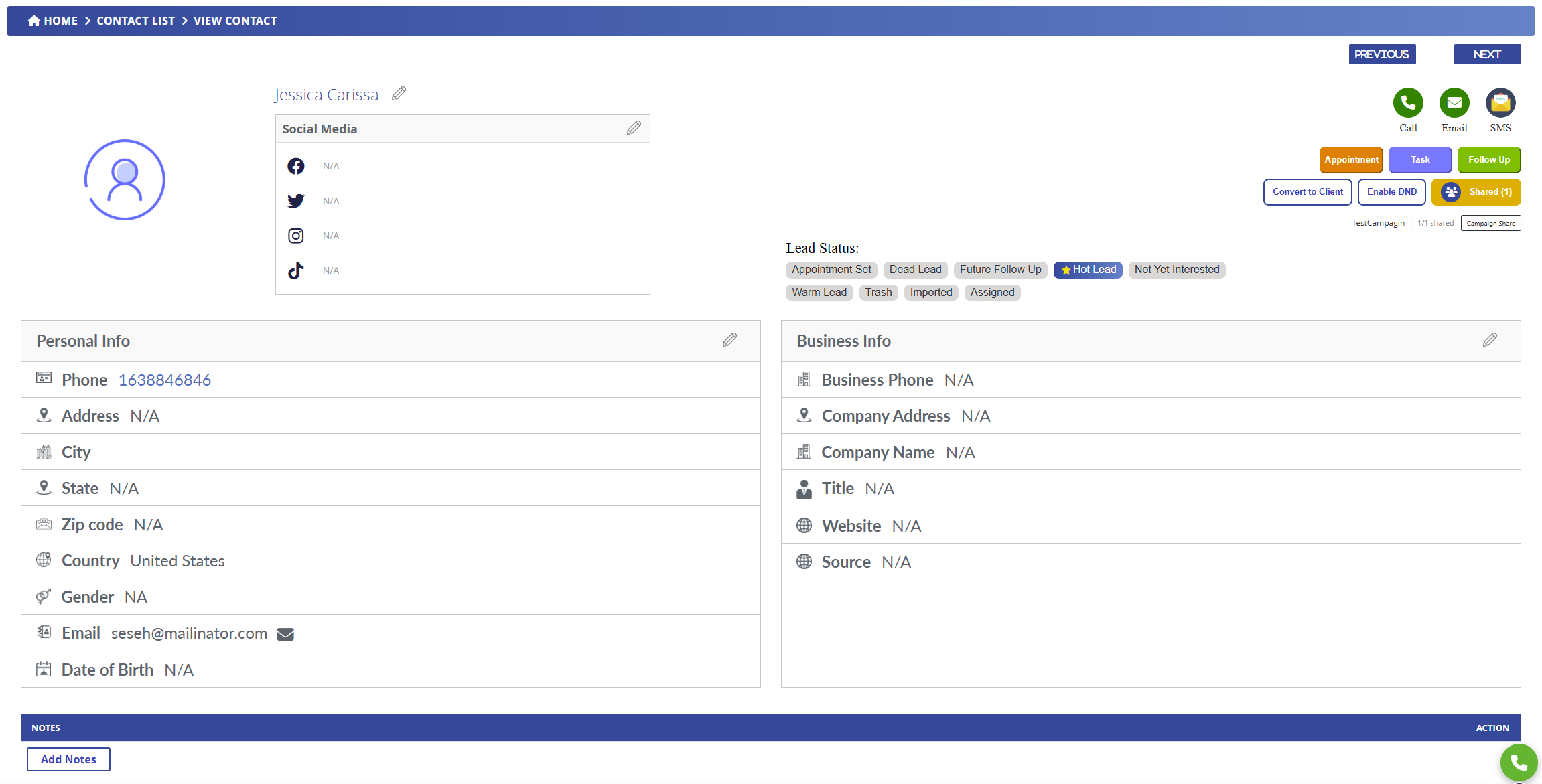 Lead detail page showing contact info, lead status tags, action buttons, and CRM fields