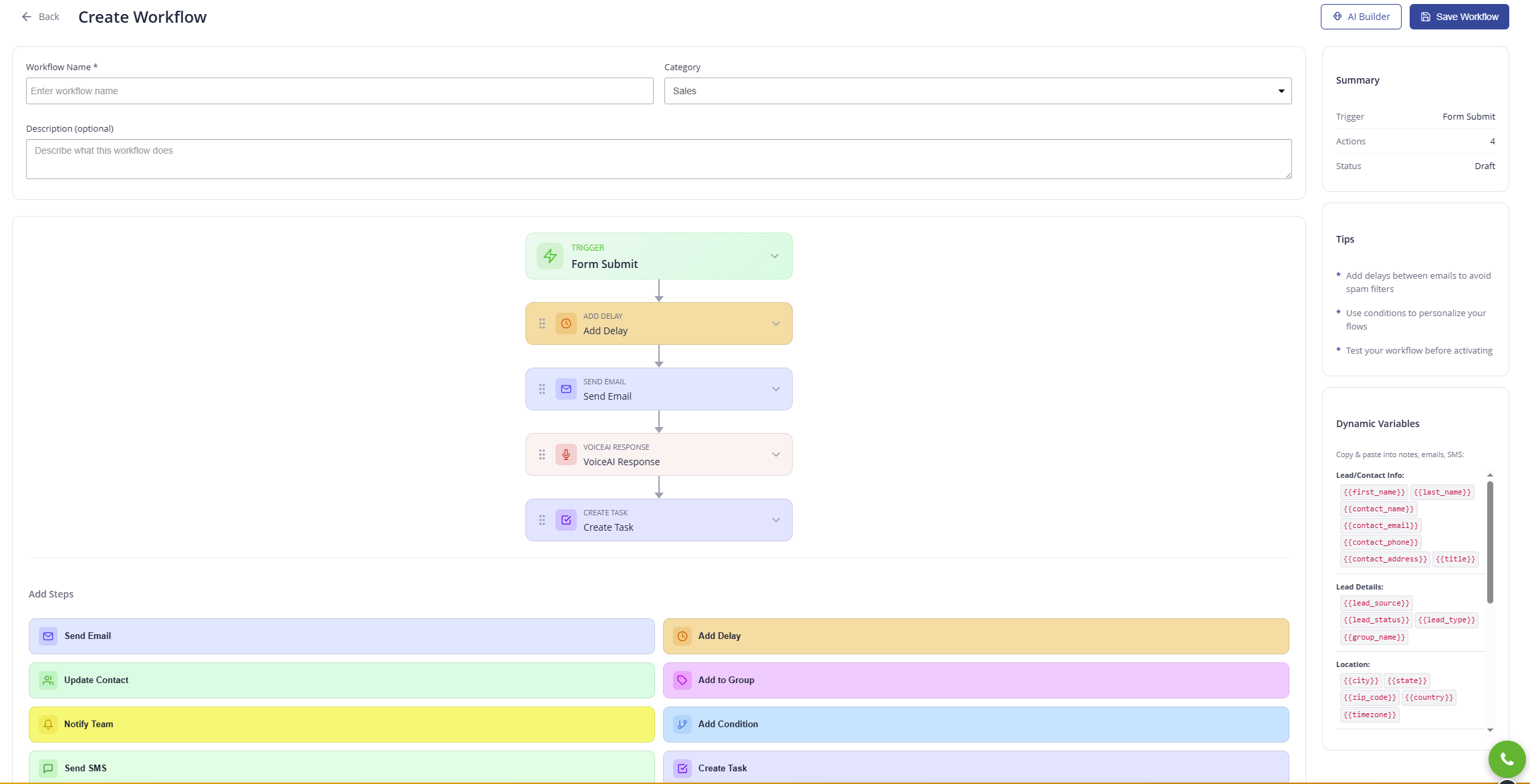 Workflow Builder with automation flow: Form Submit, Add Delay, Send Email, VoiceAI Response, Create Task