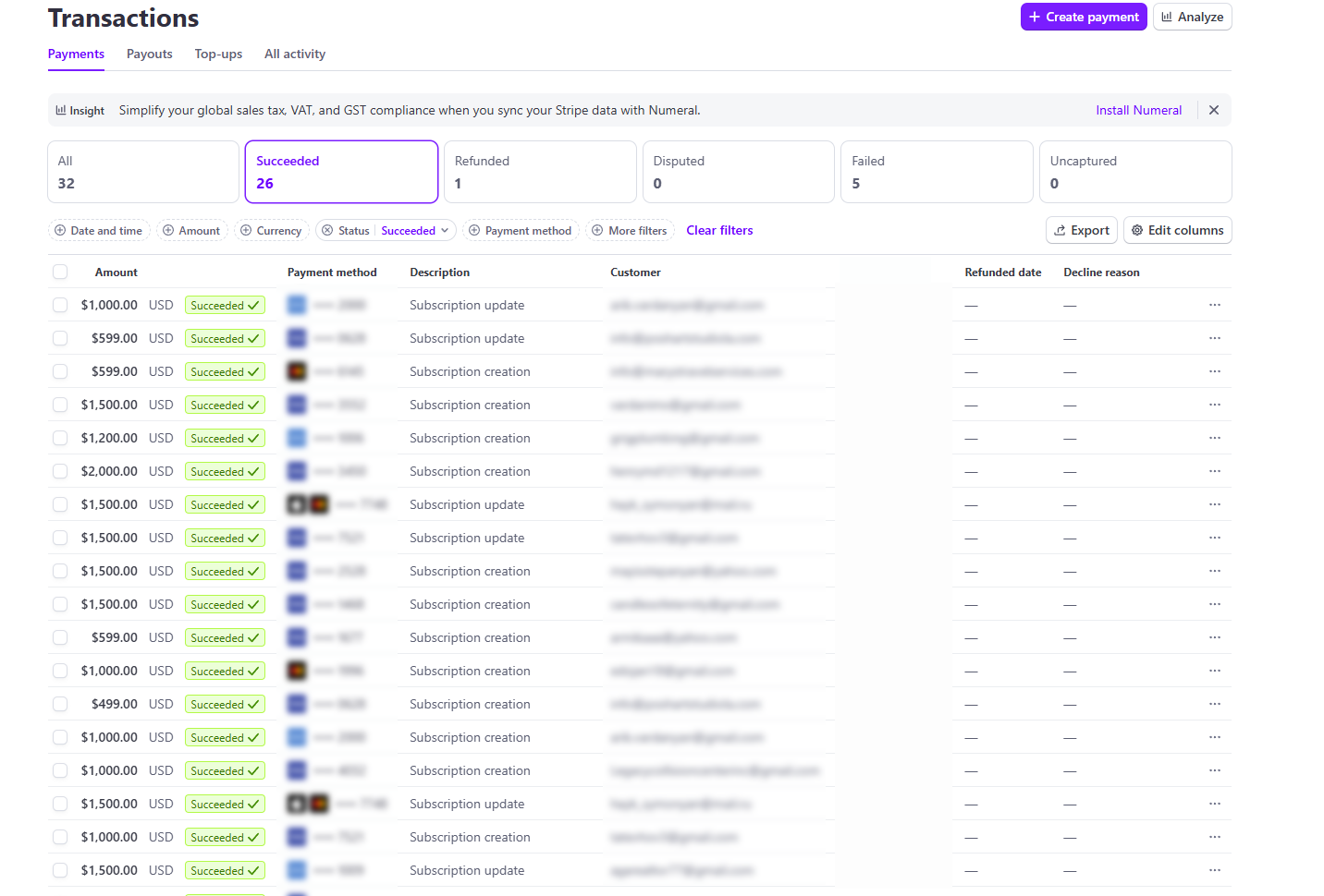 Stripe payment dashboard showing recurring revenue and transactions