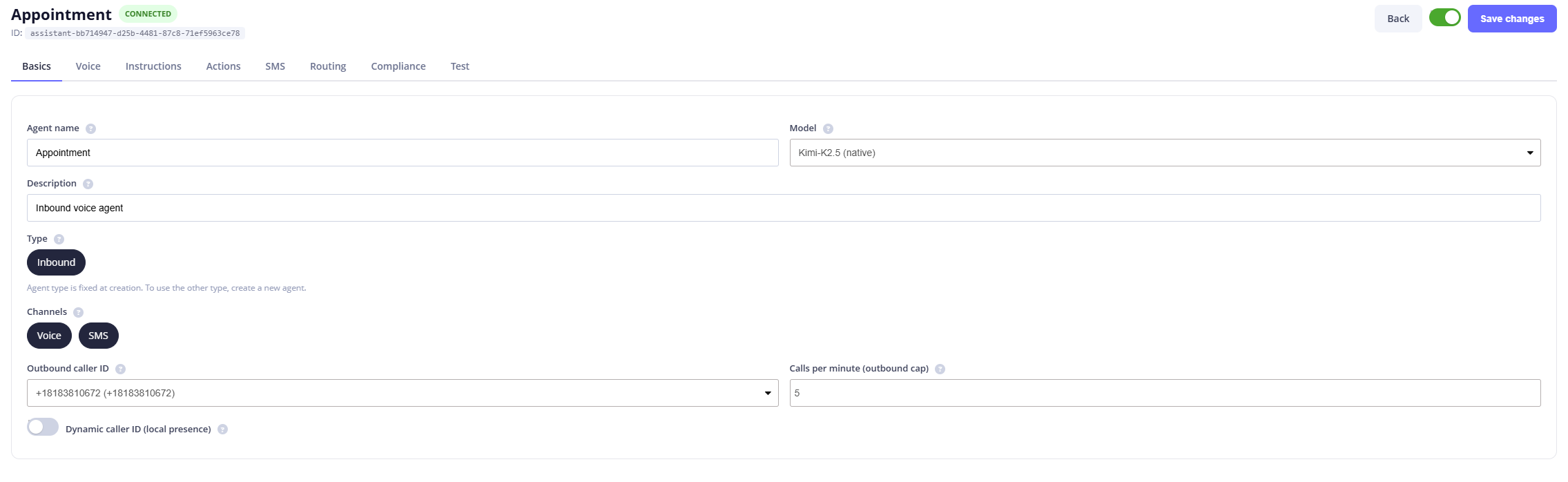 Inbound AI voice agent configuration showing voice and SMS channels