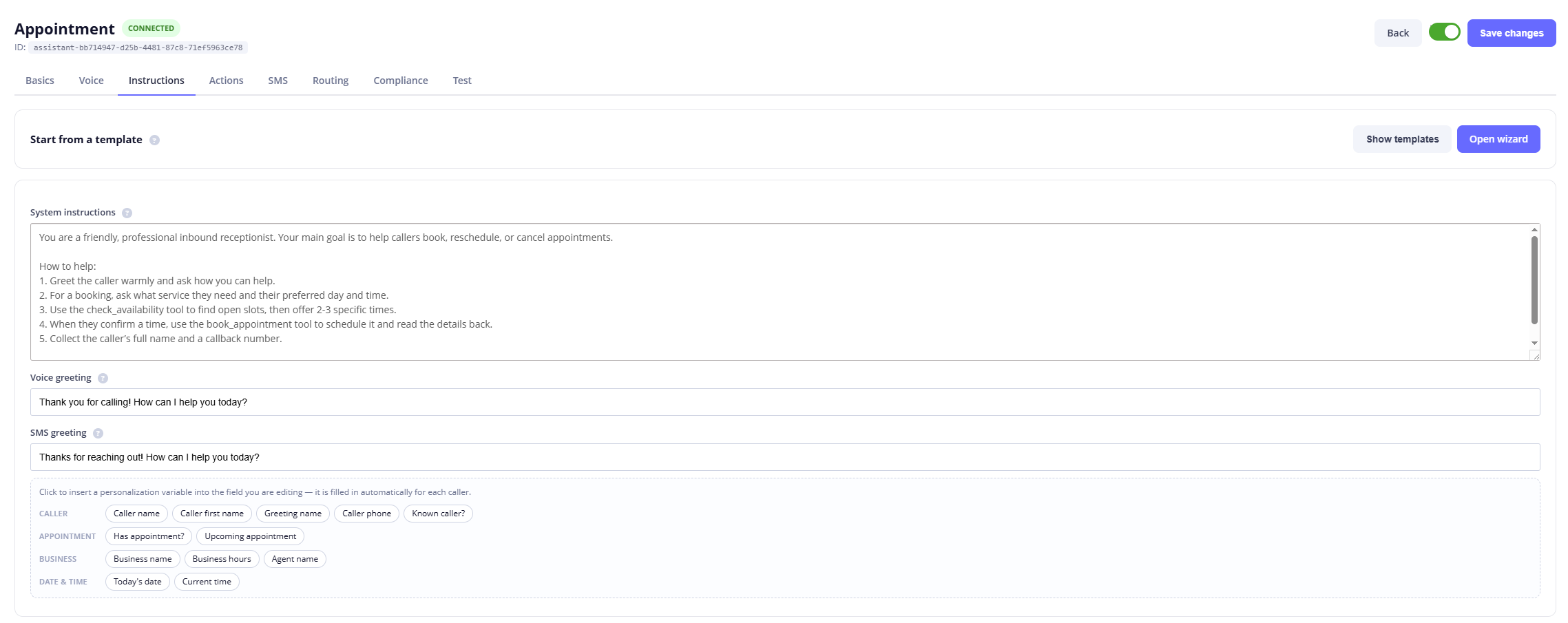 Mango9 AI voice agent configuration screen